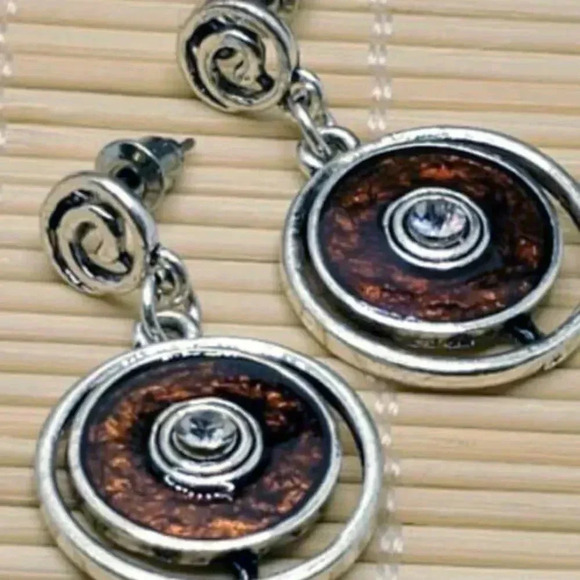Mid Century Style Silver Brown Enamel Crystal Rhinestone Dangle Earrings - Picture 1 of 3